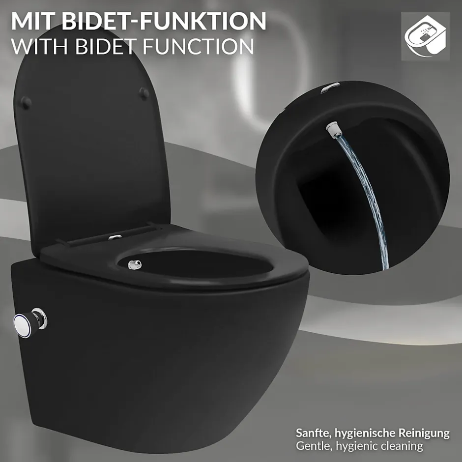 Luxebath WC suspendu chasse d'eau tornado fonction bidet noir mat avec siège Softclose