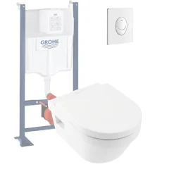 Villeroy & Boch WC suspendu sans bride VILLEROY ET BOCH Architectura + abattant + bati support GROHE + plaque de commande blanche