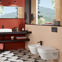 Villeroy & Boch WC suspendu sans bride VILLEROY ET BOCH Architectura + abattant + bati support GROHE + plaque de commande blanche