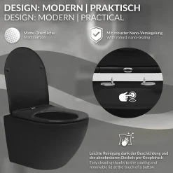 Luxebath WC suspendu sans rebord court nano-revêtement noir mat céramique SoftClose* Wc Suspendu