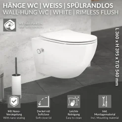 Luxebath WC suspendu sans rebord nano revêtement fonction bidet long blanc céramique