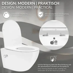 Luxebath WC suspendu sans rebord nano revêtement fonction bidet long blanc céramique
