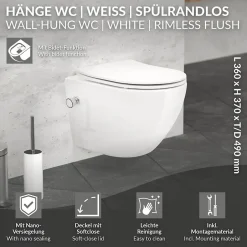 Luxebath WC suspendu sans rebord nano revêtement fonction bidet blanc céramique* Wc Suspendu