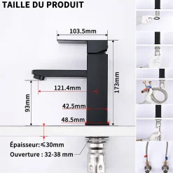 Homelody 2x Robinet Salle Bain Noir acier inoxidable avec Poignée Carrée Mitigeur lavabo Eau Froide Chaude Disponible Robinetterie