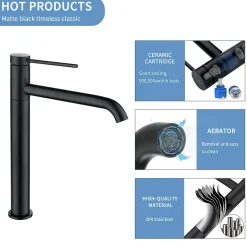 Homelody 2x Robinet Salle de Bain Haut Bec Pivotant Vasque Mitigeur de Lavabo Noir Mat Robinet en Inox SS304 pour Salle de Bain* Robinet Lavabo Et Vasque
