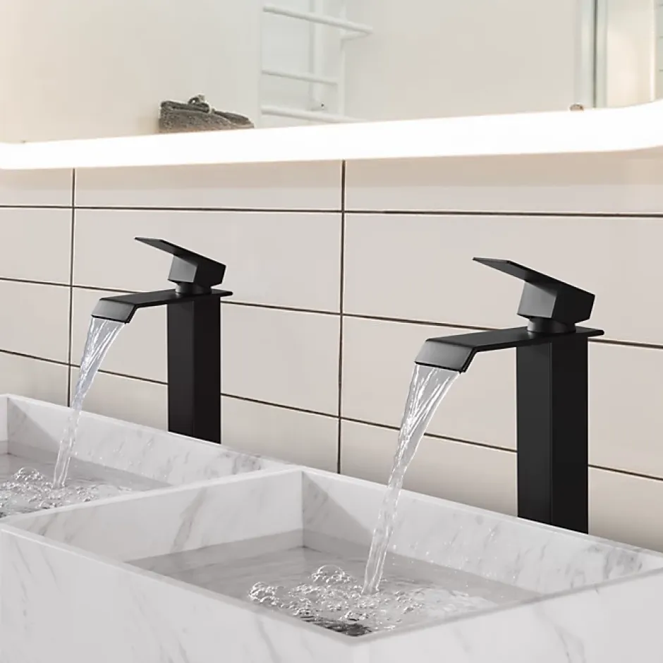 Homelody 2x Robinet Salle de Bain Noir Cascade Bec Haut Mitigeur de Lavabo Robinetterie en Acier Inox pour lavabo et vasque Design Moderne