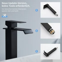 Homelody 2x Robinet Salle de Bain Noir Cascade Bec Haut Mitigeur de Lavabo Robinetterie en Acier Inox pour lavabo et vasque Design Moderne