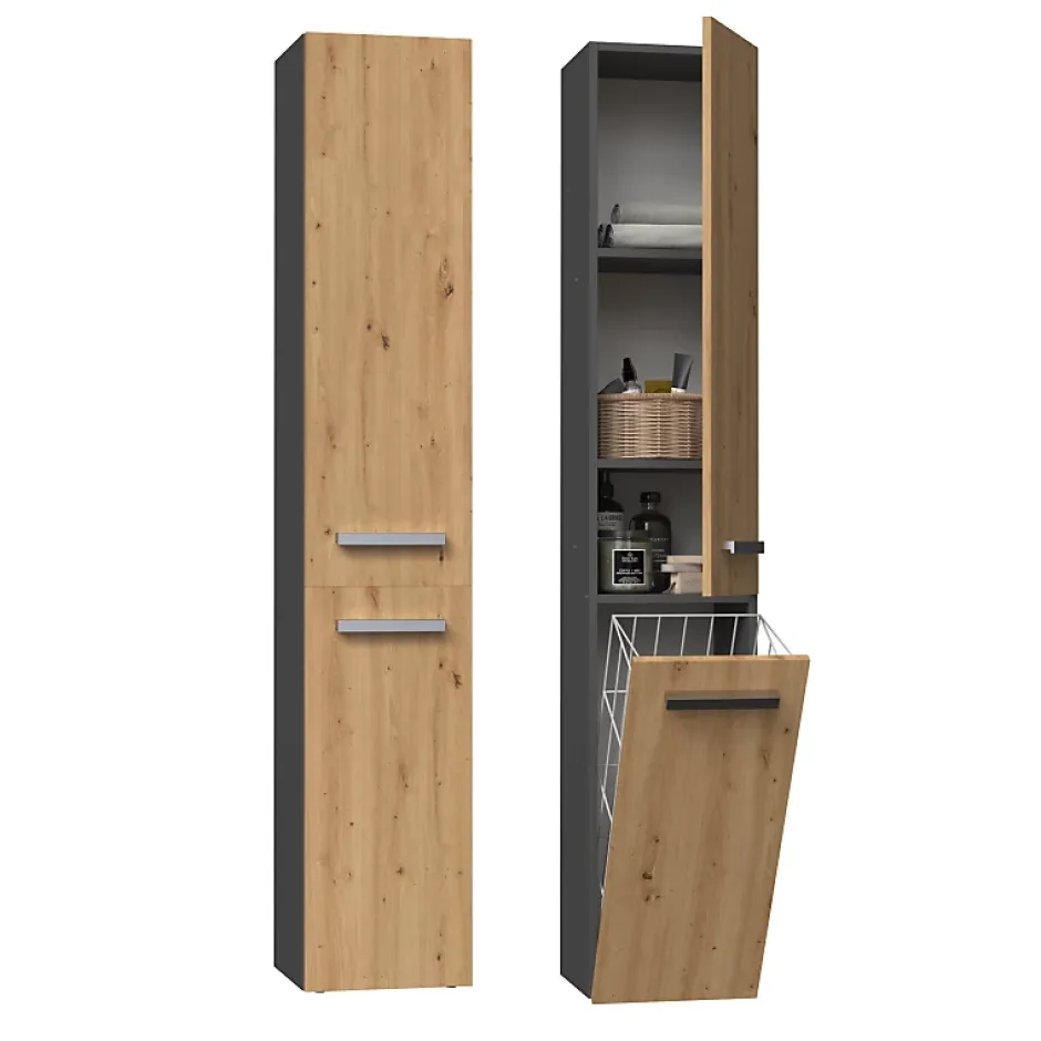 Topeshop YANA - Meuble salle de bain avec panier à linge - 31x30x174 cm - Colonne rangement SDB* Colonne De Salle De Bains