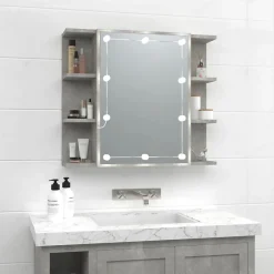 zmh Armoire à miroir avec LED Gris béton 70x16,5x60 cm* Meuble Wc