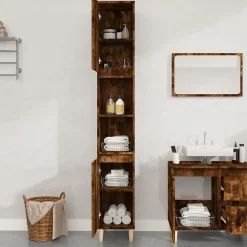 zmh Armoire de bain chêne fumé 30x30x190 cm bois d'ingénierie* Meuble Wc