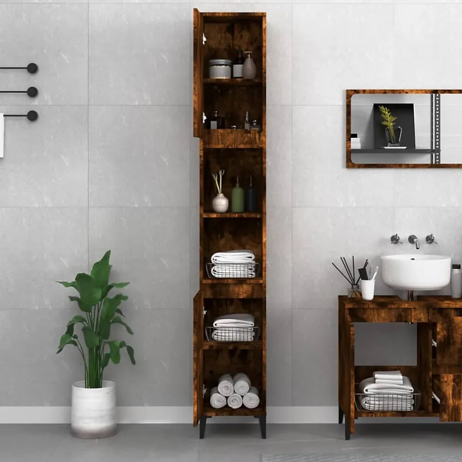 zmh Armoire de bain chêne fumé 30x30x190 cm bois d'ingénierie* Meuble Wc