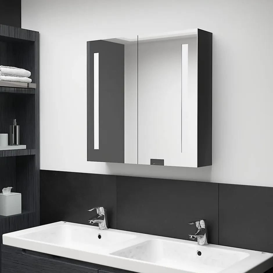 zmh Armoire de salle de bain à miroir LED noir brillant 62x14x60 cm* Meuble Wc