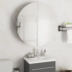 zmh Armoire de salle de bain miroir rond et LED Noir 54x54x17,5 cm