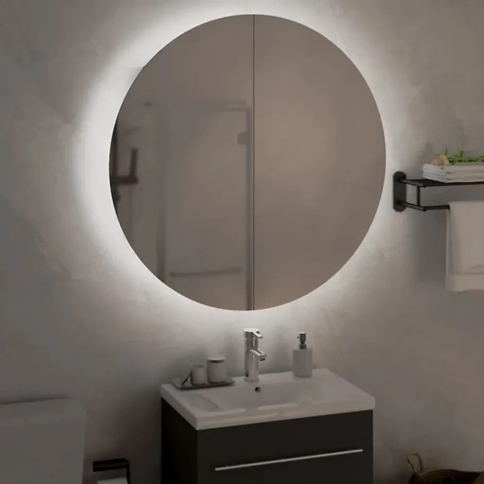 zmh Armoire de salle de bain miroir rond et LED Noir 54x54x17,5 cm