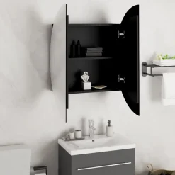 zmh Armoire de salle de bain miroir rond et LED Noir 54x54x17,5 cm