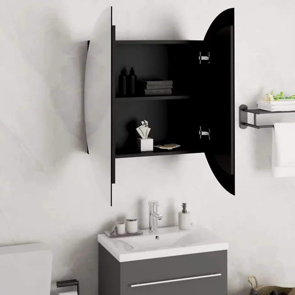 zmh Armoire de salle de bain miroir rond et LED Noir 54x54x17,5 cm