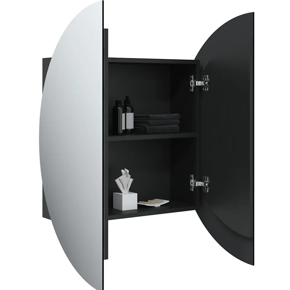 zmh Armoire de salle de bain miroir rond et LED Noir 54x54x17,5 cm