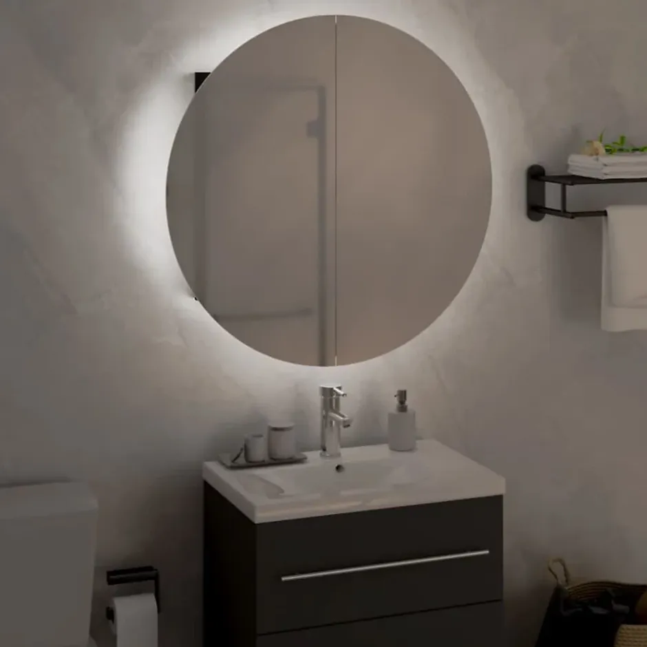 zmh Armoire de salle de bain miroir rond et LED Noir 47x47x17,5 cm