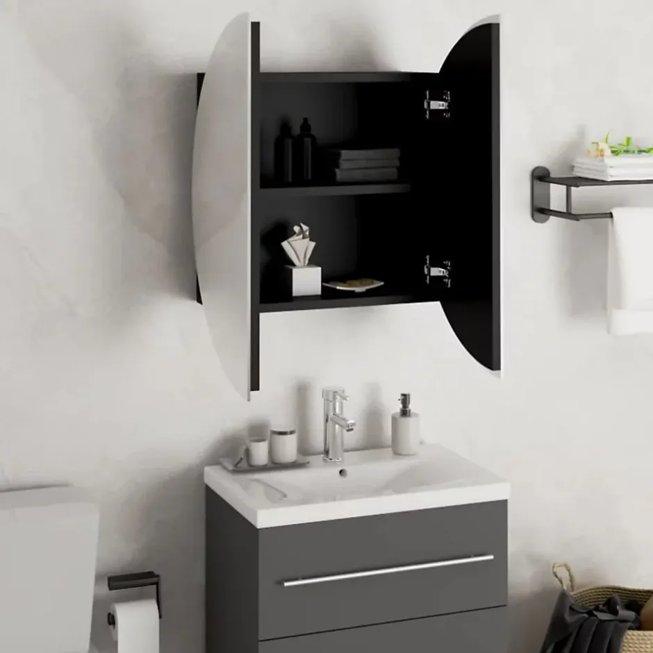 zmh Armoire de salle de bain miroir rond et LED Noir 47x47x17,5 cm