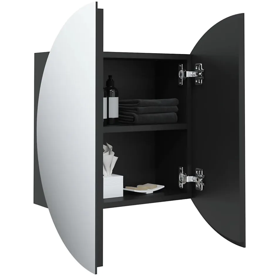 zmh Armoire de salle de bain miroir rond et LED Noir 47x47x17,5 cm