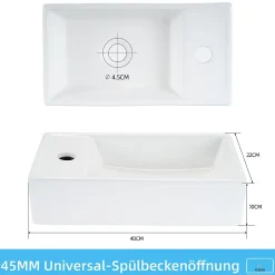 zmh Lavabo Carré Céramique Mural 40x22x10cm, Blanc Avec Trou Pour Robinet