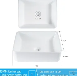 zmh Lavabo Carré Céramique à Poser, 48x37x13,5cm, Finition Nano Effet Lotus, Blanc