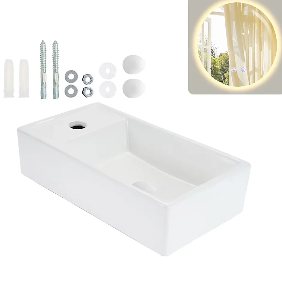 zmh Lavabo Carré En Céramique à Poser, 40x22x10cm, Blanc, Avec Trou Pour Robinet.