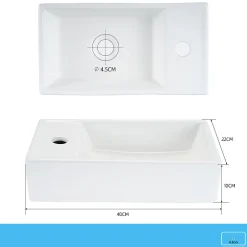 zmh Lavabo Carré En Céramique à Poser, 40x22x10cm, Blanc, Avec Trou Pour Robinet.