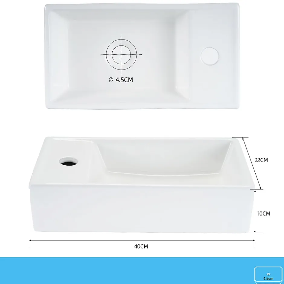 zmh Lavabo Carré En Céramique à Poser, 40x22x10cm, Blanc, Avec Trou Pour Robinet.