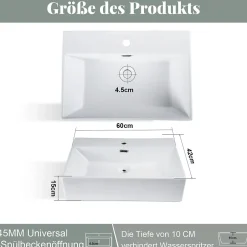 zmh Lavabo Carré En Céramique à Poser 60x42x15cm Blanc