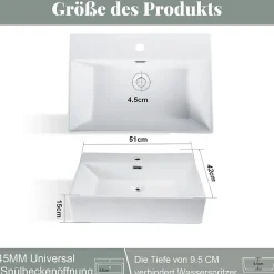 zmh Lavabo Carré En Céramique à Poser 51x42x15cm Blanc* Plan Simple Vasque