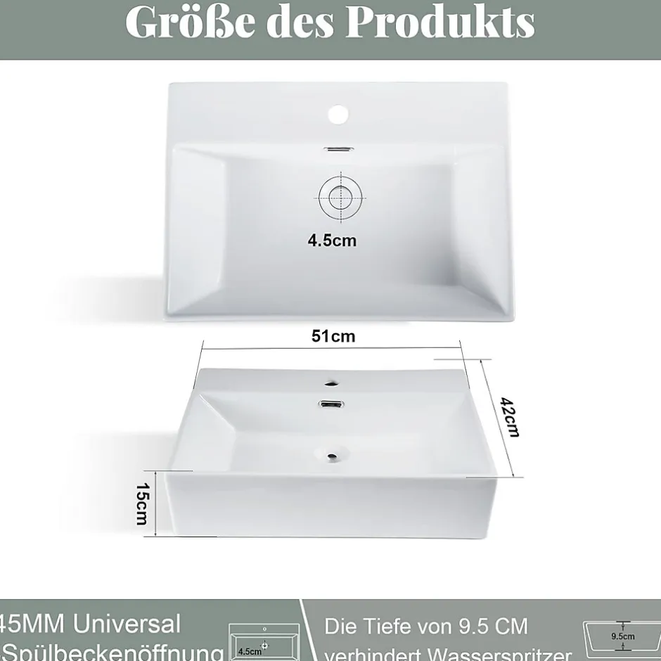 zmh Lavabo Carré En Céramique à Poser 51x42x15cm Blanc* Plan Simple Vasque